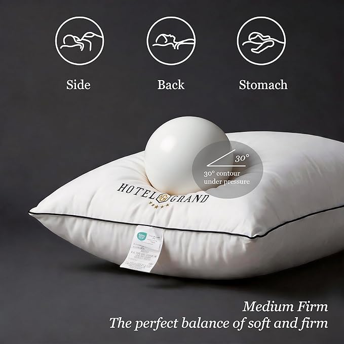 Hotel Grand Bed Pillows King Size Set of 2, Medium Soft Down Alternative | Hotel Sleeping Pillows for Side Back Stomach Sleepers, 400 Thread Count Breathable Cotton Cover, 20x36 Inches