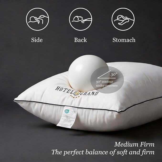 Hotel Grand Bed Pillows Queen Size Set of 2, Medium Soft Down Alternative | Sleeping Pillows for Side Back Stomach Sleepers, 400 Thread Count Breathable Cotton Cover, 20x28 Inches, White