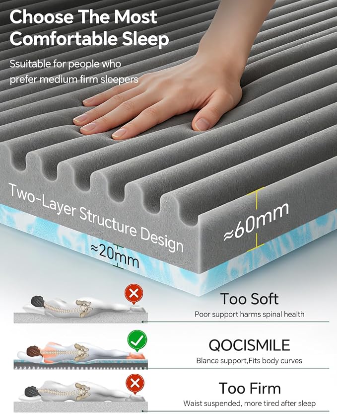 Full Size Memory Foam Mattress Topper Bamboo Viscose for Pressure Relief | 3 inch Firm Mattress Pad DualSide, Back Support, 5-Zone Spinal Align, Removable Cover, Elastic Strap, CertiPUR-US Certified
