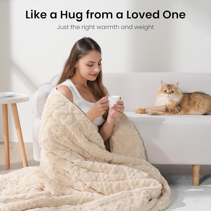 Drewin Weighted Blanket for Adults Full Size 10lbs,Beige,48 x 72 inches | Great for Sleep Natural and Relaxing，Soft Jacquard Sherpa with Glass Beads，Cozy Heavy Throw Blankets，Machine Washable