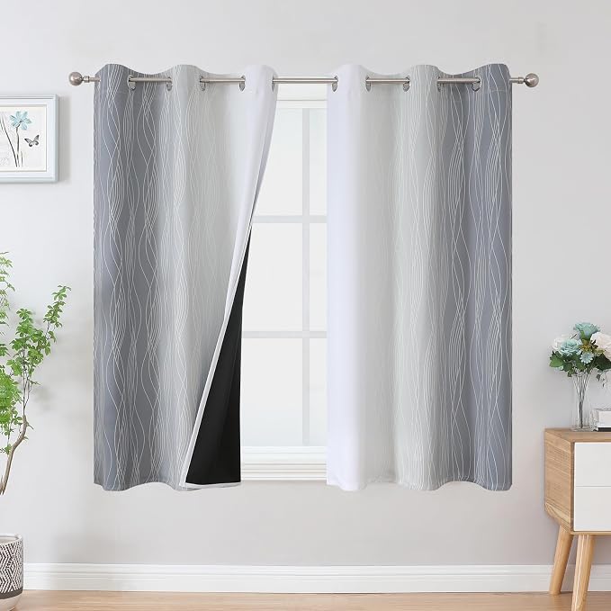 Grey and Greyish White Ombre Blackout Curtains for Bedroom 45 Inch Long | Estelar Textiler Room Darkening,Thermal Insulated, Light Blocking Gray Grommet Window Drapes for Living Room,42Wx45L,2 Panels