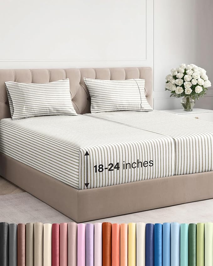 Extra Deep Split King Sheet Set - 5 Piece Cooling Sheets - Beige Stripes | Easily Fits 18 to 24 inch Mattress - Ultra Soft, Wrinkle & Fade Free with Extra Deep Pockets - Comfy Hotel Luxury Bedding