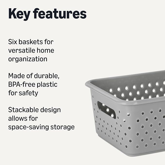 Amazon Basics Decorative BPA-Free Plastic Storage Baskets, 9.9 x 7.4 x 4.16 inches, Grey, 6-Pack