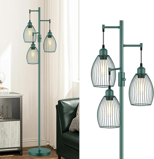 Dimmable Floor Lamp, Industrial Floor Lamps for Living Room, Green Tree Lamp Standing Lamp Tall Lamps with 3 Elegant Teardrop Cage Head & 800 Lumens LED Bulbs for Living room Bedroom Dining Room