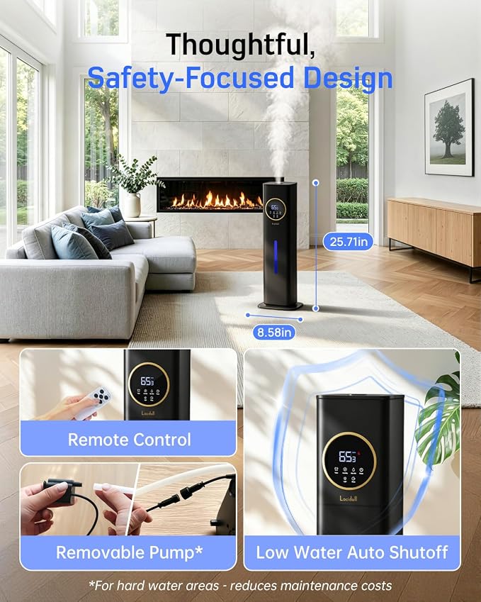 LACIDOLL Humidifiers for Bedroom 500 sq ft, 2.1Gal/8L Humidifier large room | Night Light & Essential Oil Diffuser, Top Fill Large Room Humidifiers for Home Baby Nursery Office Plants, Black
