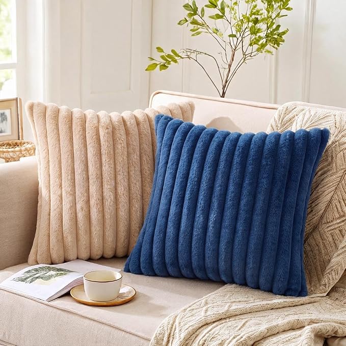 Pack of 2 Throw Pillow Covers 20x12 Decorative Solid Plush Faux Fur with Soft Velvet Back, Square Striped Cushion Cases Modern Farmhouse Home Decor for Living Room Couch Sofa Bed Apricot