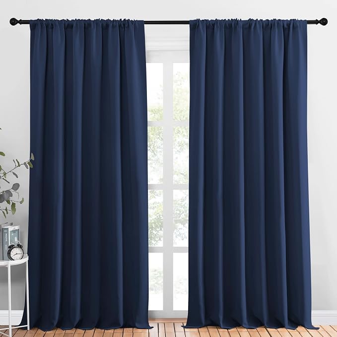 NICETOWN Living Room Curtains, Blackout Draperies, Home Decorations Thermal Insulated Solid Rod Pocket Blackout Drapes for Living Room, Hall (Navy, One Pair, 70 x 95-inch)