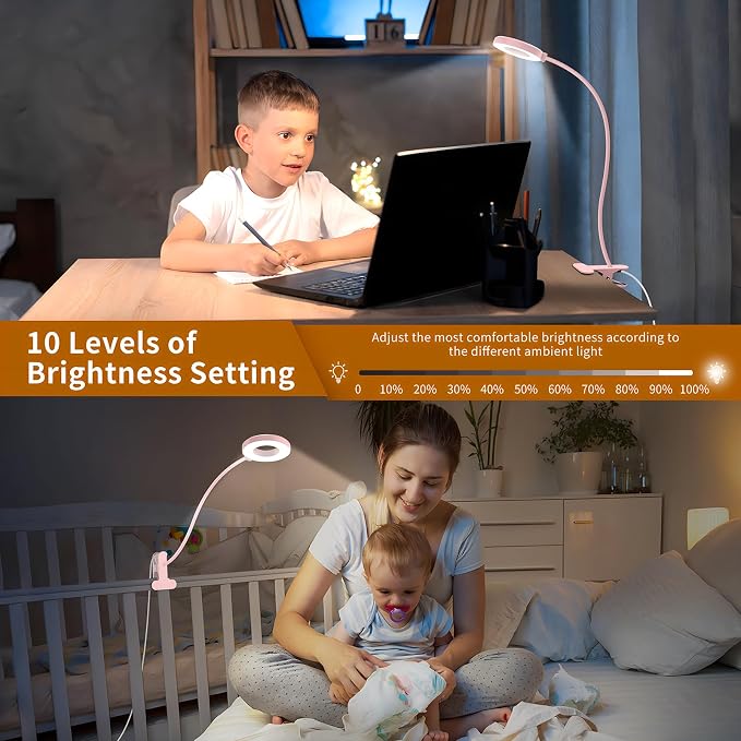 iZELL LED Desk Lamp with Clamp, Reading Light with 3 Color Modes & 10 Brightness Levels, Flexible Arm Book Light for Kids Reading in Bed at Night, Clip on Table, Computer, Zoom Meetings - 27.6'' Pink
