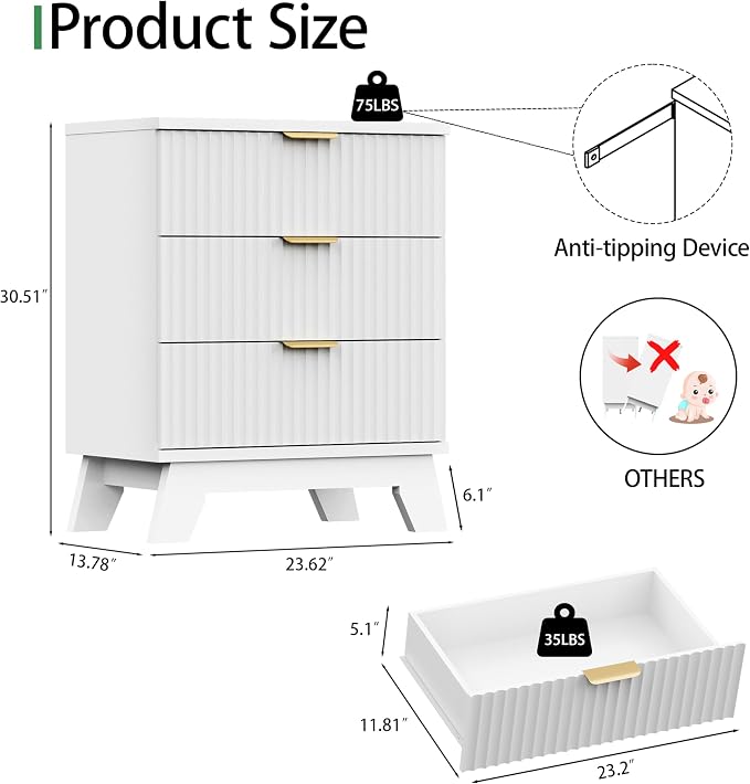 Fluted Dresser for Bedroom with 3 Drawers, 24" Wide Modern Chest of Drawers with Metal Handle, Wooden Dresser TV Stand, Wood Closet Clothes Storage Drawer Organizer for Living Room, Hallway, White
