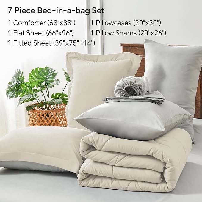 BEDELITE Twin Comforter Set 5 Pieces, Reversible Beige Bed in A Bag | Soft All Season Down-Alternative Comforter, Sheets, Pillowcases & Shams, OEKO-TEX Certified Bedding for Bedrrom, Guest Room