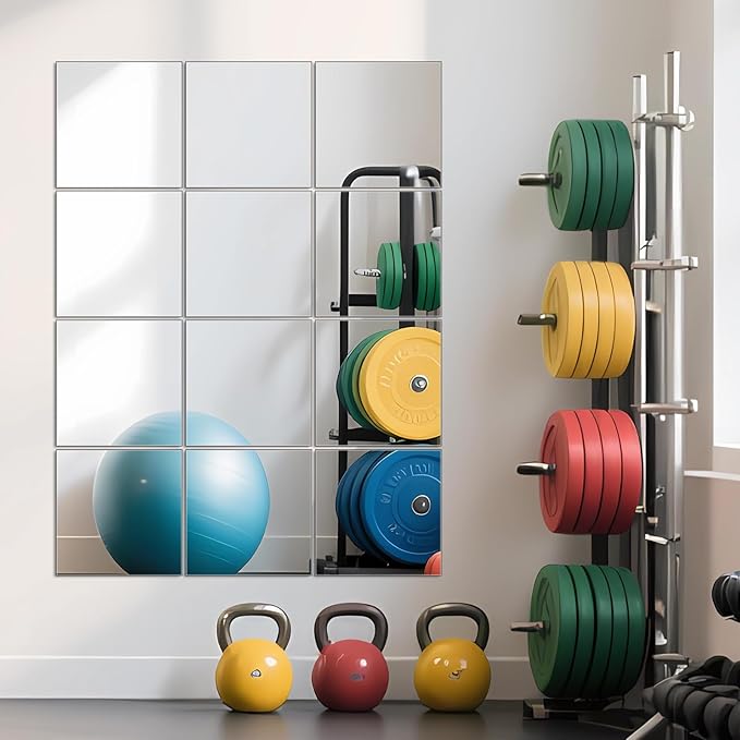 Home Gym Mirror Tiles, 10" x 10" x 12PCS Wall Mirror Tiles Frameless Glass | Square Workout Mirror Tiles for Garage, Bedroom, Living Room, Over The Door, Frameless Mirror Sets