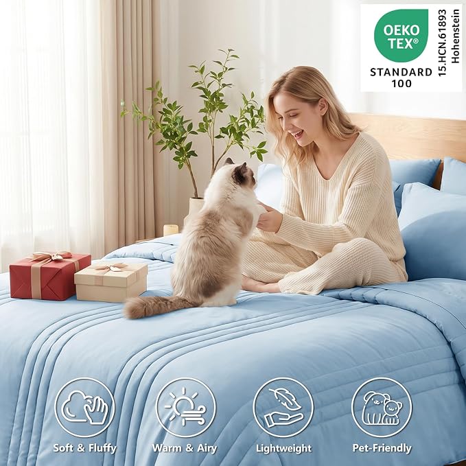 Queen Comforter Set Baby Blue - 7 Pieces Bed in a Bag | OEKO-TEX Certified, 240GSM Down-Alternative Comforter, 14" Deep-Pocket Sheets, Shams & Pillowcases, Lightweight
