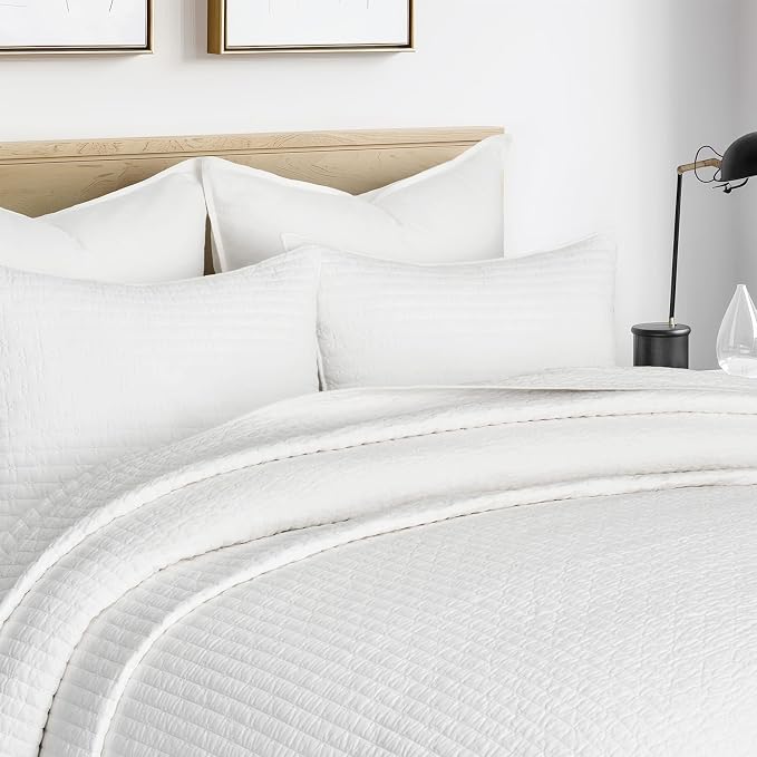 100% Cotton Cross Stitch 3-Piece Quilt, 118"x106", Bright White | Cross Stitch Cotton Quilt, Pre-Washed Bedding Set, Oversized Lightweight Bedspread Coverlet, for All Season, with 2 Shams