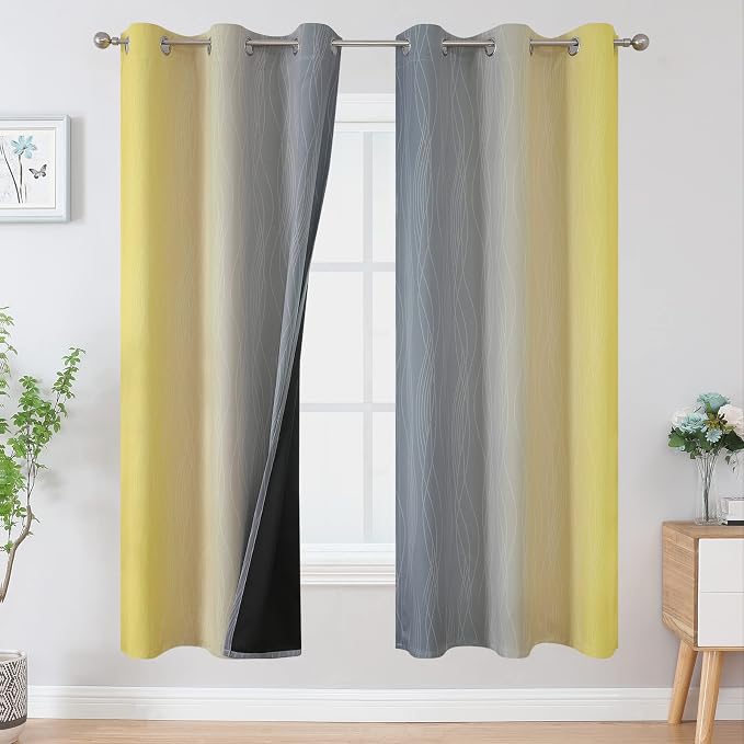 Grey and Yellow Ombre Blackout Curtains for Living Room 42Wx72L Inch Length | Estelar Textiler Room Darkening Gradient Curtains for Bedroom,Thermal Insulated,Light Blocking Grommet Window Drapes,2 Panels