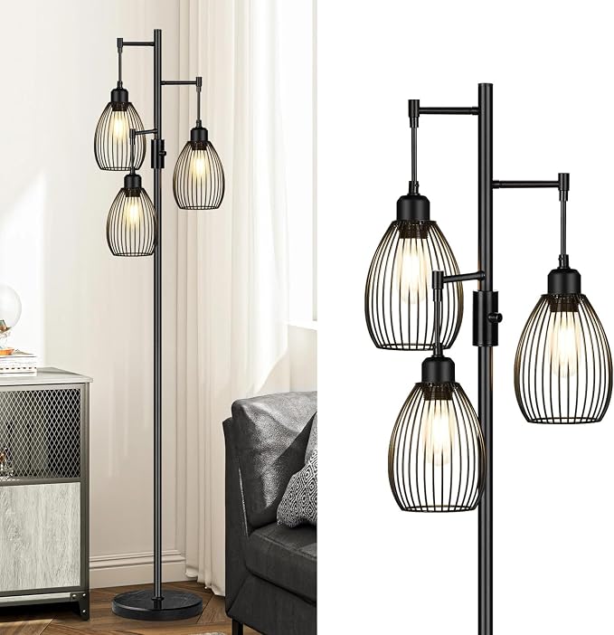 Torondo 70" Dimmable Floor Lamp with Marble Base, 3 x 800LM LED Edison Bulbs Included, Industrial Black Floor Lamps for Living Room, Rustic Tall Lamps Standing Lamp for Bedrooms Living Room