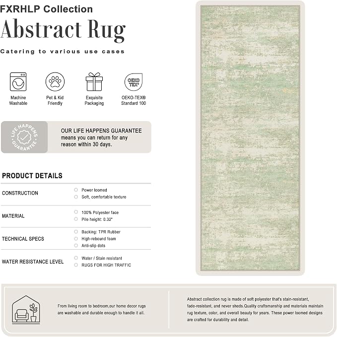 2.6x8 Washable Runner Rug：Modern Abstract Soft Carpet Green Cream | For Hallway, Bedroom, Kitchen, Laundry, Bathroom,Door Mat,Modern Abstract,Machine washable,Non-Slip,Stain Resistant,Indoor
