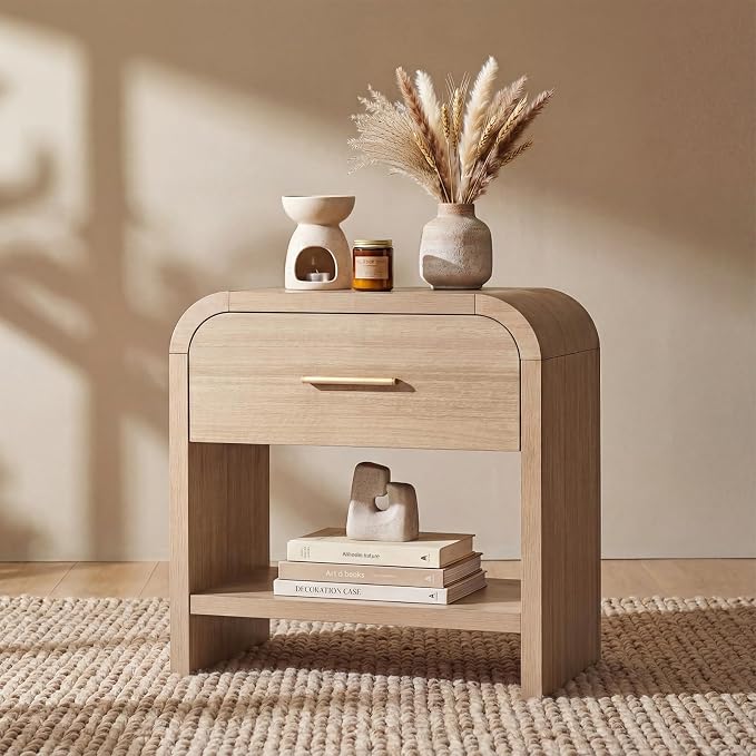 Night Stand, 1-Drawer and 1 Storage Shelf | [Curved Profile] [FSC-Certified Wooden Board] Nightstand 24" H Metal Handle Modern Bedside Table Side Table End Table
