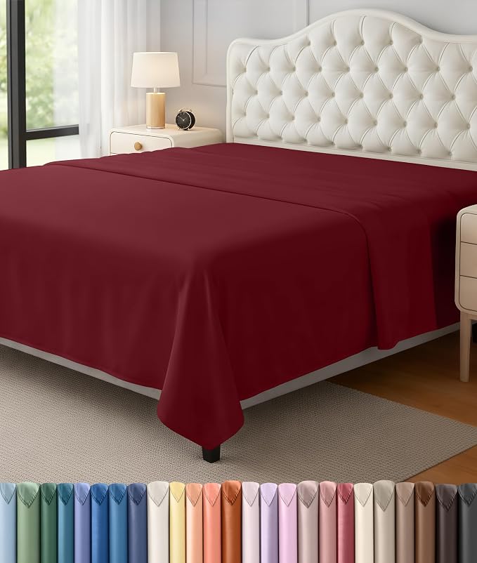 King Size Flat Sheet Only, Ultra Soft & Breathable Hotel Sheets, Burgundy | Hotel Bedding, Cooling Comfort, Smooth Feel, Wrinkle & Fade Resistant, Easy Care, Long-Lasting, Machine Washable, OEKO-TEX