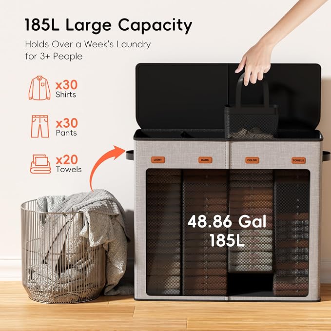 Laundry Hamper 4-Section with Lid, 185L Laundry Sorter with 4 Removable Bags + 1 Extra Large Bag, Switchable 3/4 Compartment, Laundry Basket Organizer for Bedroom, Laundry Room，Grey