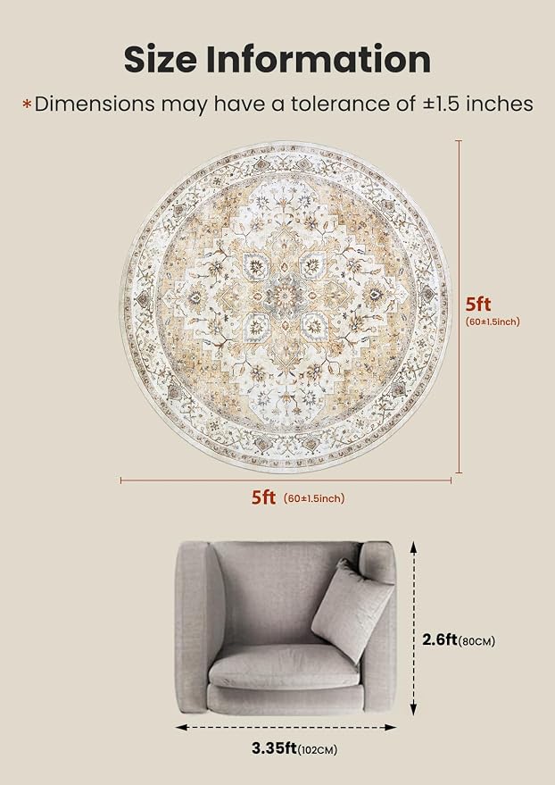 AMADA HOMEFURNISHING Round 5ft Area Rugs, Low-Profile Washable Rug with Non-Slip Backing & Durable Edge Binding, Vintage Rugs for Living Room, Bedroom, Dinning Room