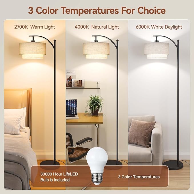 SUNMORY Floor Lamps for Living Room with 12W LED Bulb, Arc Lamp with 3 CCT | Modern Floor Lamps with Adjustable Double Fabric Shades, Industrial Arched Lamp, Tall Standing Lamp for Bedroom, Corner