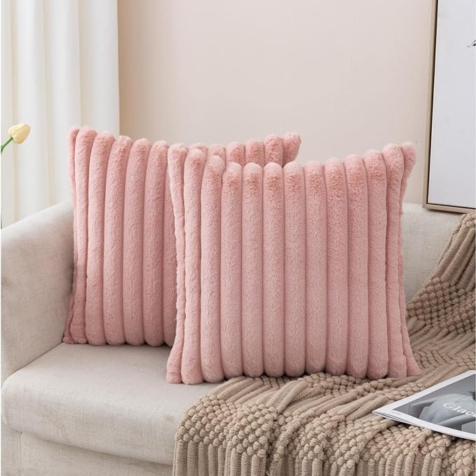ZLINA Baby Pink Striped Faux Fur Throw Pillow Covers 26 x 26 Inch | 2‑Pack, boho striped pillow covers,velvet back,fuzzy plush cushion covers , for sofa bed livingroom home decor