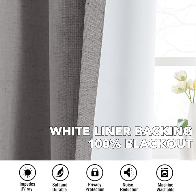H.VERSAILTEX Linen Curtains 100% Blackout Curtains for Bedroom 45 inch Long Full Light Blocking Nature Linen Blended Window Curtains for Living Room Nickel Grommet (2 Panels, Heathered Dove)