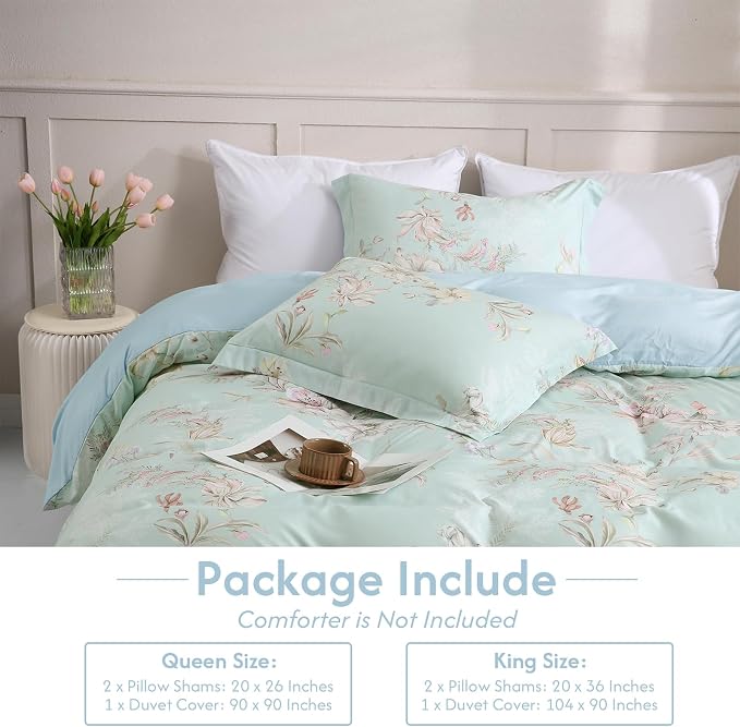 LONAVA King Flower 3 Pcs Duvet Cover Set, Breathable Soft Microfiber Light Blue Lining Comforter Cover with Zipper Closure, and 2 Anti-Pilling, Fade Resistant Pillowcases, Mint Flower