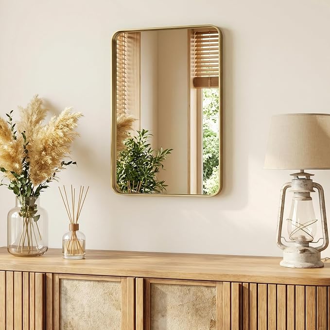 NEWBULIG Bathroom Mirror for Over Sink, 20X28 Inch Wall Vanity Mirror | Wall Mount, Tempered Glass, Anti-Rust Metal Framed, Rounded Rectangle, Farmhouse Home Decor, Gold