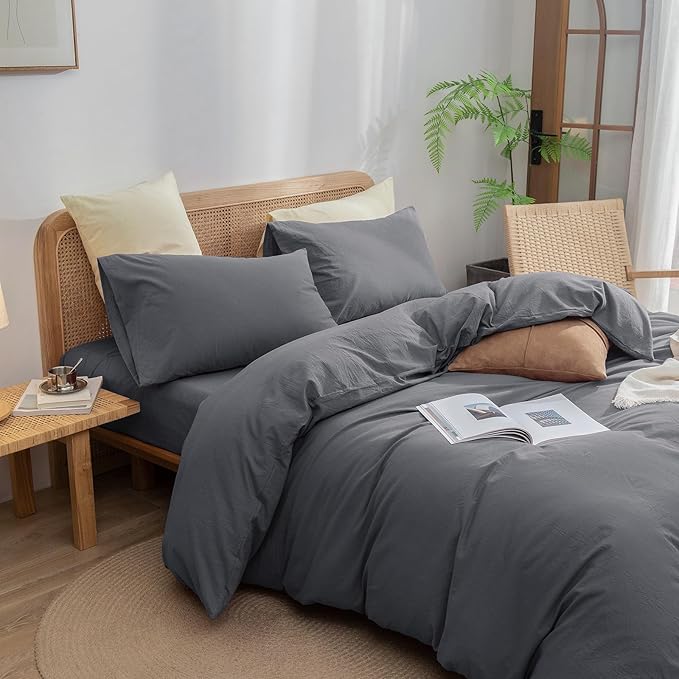 BESTOUCH Cotton Solid Duvet Cover Set Quiet Shade Grey Super King | 100% Washed Cotton, Soft Wrinkle Texture, Hidden Zipper, 8 Ties, Breathable Lightweight Durable Comfy, 3 Pcs No Insert