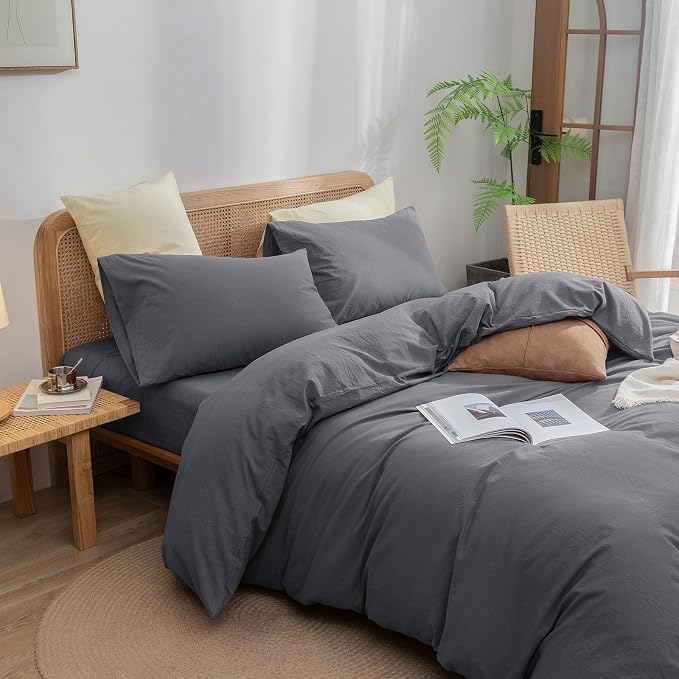 BESTOUCH Cotton Solid Duvet Cover Set Quiet Shade Grey Super King Plus | 100% Washed Cotton, Soft Wrinkle Texture, Hidden Zipper, 8 Ties, Breathable Lightweight Durable Comfy, 3 Pcs No Insert