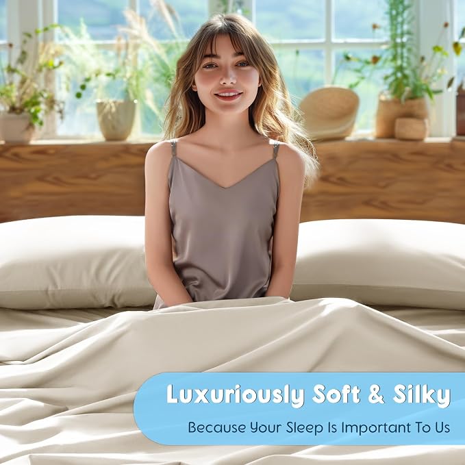 SONORO KATE 1000 Series 100% Egyptian Cotton King Sheet Set,4 Pieces | Soft,Breathable Long Staple,Sateen Weave,Luxury 5-Star Hotel Bed Sheets,16" Deep Pocket,Cream