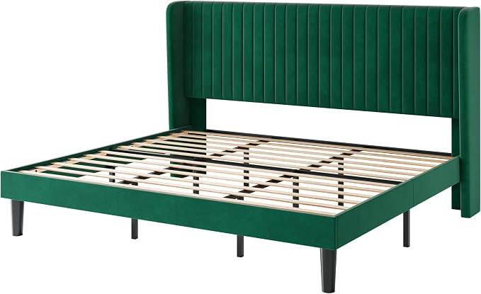 SHA CERLIN King Size Velvet Bed Frame, Tufted Wingback Headboard, Green | 47'' Modern Vertical Channel Headboard, Upholstered Platform Bed, Wood Slats, No Box Spring Needed, Easy Assembly, Noise Free