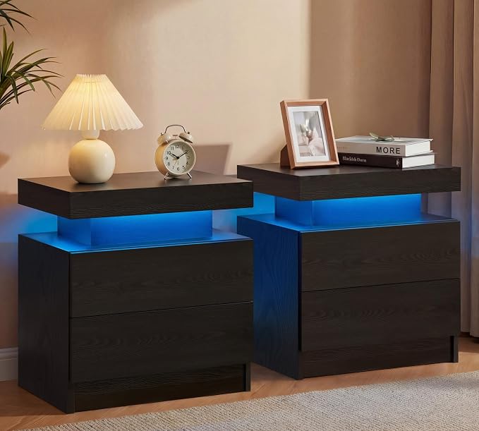 i-aplus Black Modern LED Nightstand Set of 2 with 2 Wood Drawer for Bedroom | Nightstands with App-Controlled RGB LED Lights, Night Stand with Storgae Drawer, Modern Bedside Table for Bedroom