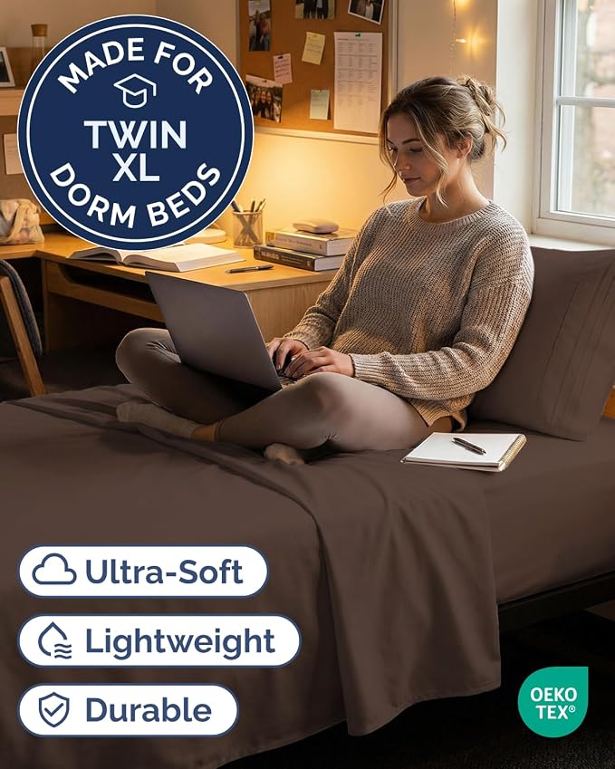 Twin XL 3 Piece Sheet Set - College Dorm Room Essentials - Brown | Deep Pocket Bed Sheets for Women, Men, Teens & Students, Soft, Cooling, Breathable & Wrinkle Free, Oeko-Tex Bed Sheet Set