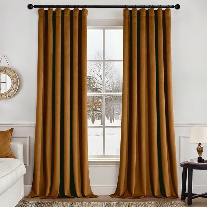 MIULEE Velvet Curtains 50W x 90L 2 Panels Golden Brown Blackout Curtains | Luxury velvet fabric, pinch pleat design, back tab hooks, thermal insulated, blackout light blocking, for living room bedroom