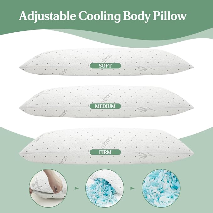 Dreamood Body Pillow Shredded Memory Foam with Pillowcase for Adult | Adjustable Foam Pregnancy Long Full Bed Body Pillows for Adults Side Sleeper - with Washable Comfortable Cooling Side Cover