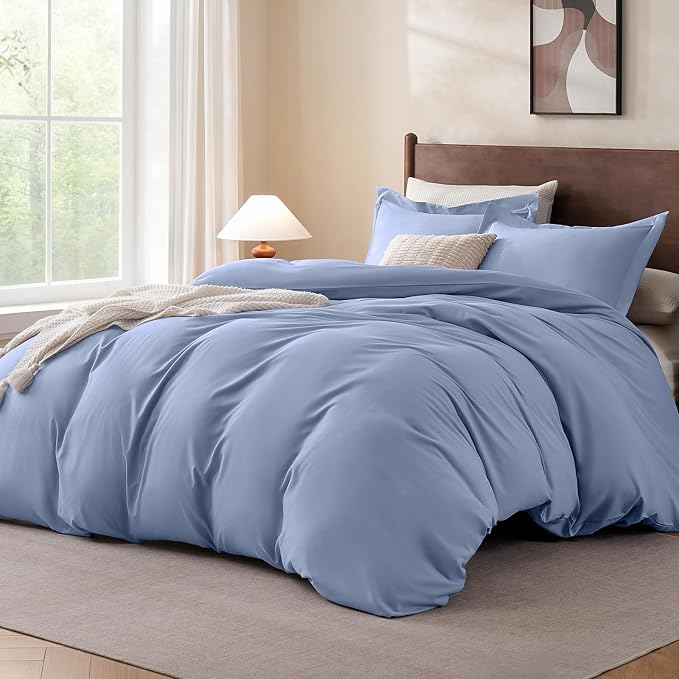 FreshCulture Duvet Cover Queen Size - 3 Pieces Microfiber Duvet Cover Set with Zipper Closure - Lightweight & Easy Care - 1 Comforter Cover & 2 Pillow Shams - Comforter Not Included (Baby Blue)