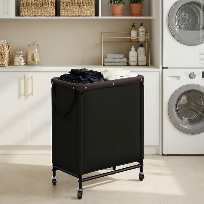 StorageWorks 2 Section Laundry Hamper, 100L Black Sorter Cart with Wheels | 2 Section Laundry Hamper with Wheels, Black Sorter Cart for Bedroom, Bathroom, Apartment