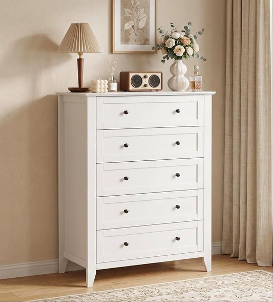 Garvee White 5-Drawer Dresser for Bedroom, 42.7"H Storage Drawers Organizer | Modern Lacquered Chest of Drawers, 15.8"D x 31.5"W x 42.7"H, Storage Dresser with Deep Drawers for Home Office