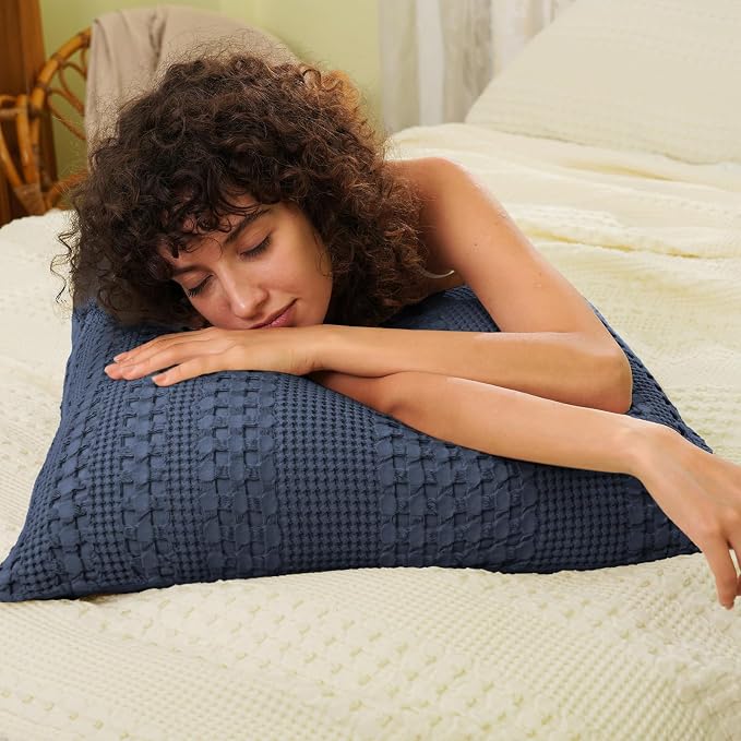 PHF 100% Cotton Waffle Weave Euro Sham Covers, 2 Pack 26" x 26" Bed Pillow Covers for Elegant Home Decor, No Filling, Luxury Aesthetic Soft Euro Pillow Cases for Bed, Indigo