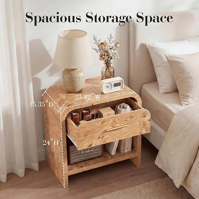 Night Stand Set of 2 [Unique Curved Profile] [FSC-Certified Wooden Board] 1-Drawer and 1 Storage Shelf Nightstand 24" H Metal Handle Modern Bedside Table Side Table End Table | [Curved Profile] [FSC-Certified Wooden Board] Nightstand 24" H Metal Handle...