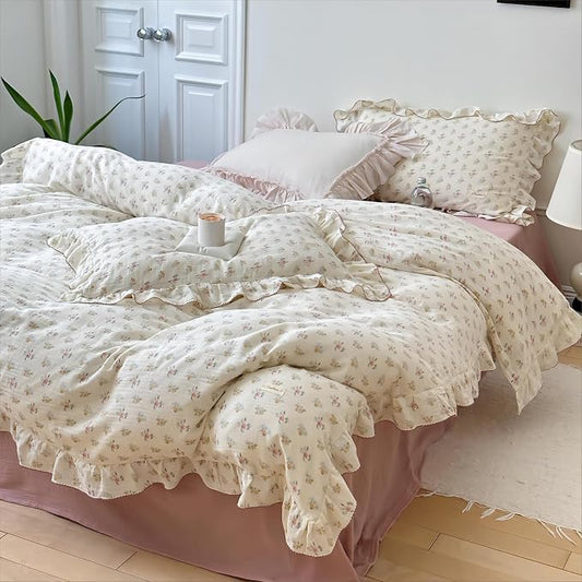 Cottage Floral Duvet Cover King with Ruffles,Azalea Print,No Pillow | Vintage Shabby Chic Bedding,100% Cotton Muslin Quilt/Comforter Cover, Soft Breathable, Zipper Closure,90"x104"
