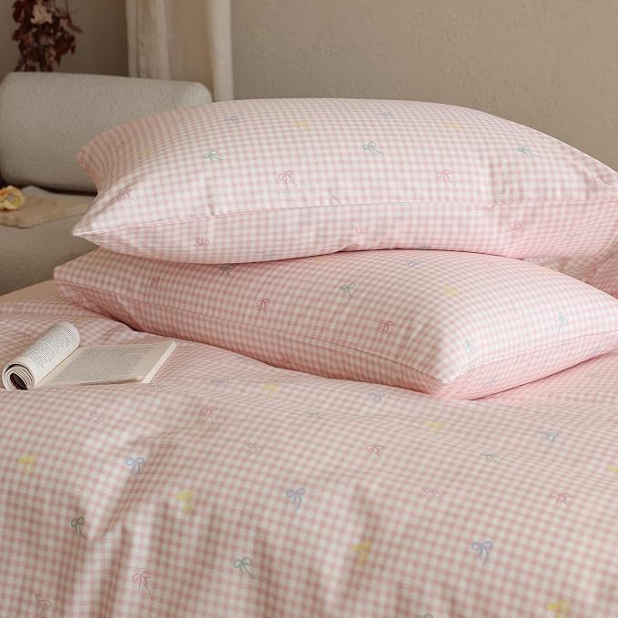 mixinni Gingham Duvet Cover Full Size, 100% Cotton Light Pink and White Gingham Bedding Set for Girls, Cute Bow Print Soft Aesthetic Cottagecore Bedding 3 Pieces (1 Duvet Cover + 2 Pillowcases)