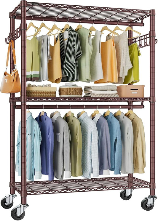 VIPEK R2 Plus Heavy Duty Clothing Rack Rolling Closet for Hanging Clothes | Lockable Silent Wheels, Double Hanging Rods, Adjustable Wire Shelving, Metal Side Hooks, Load 650lbs, for Entryway, Bronze