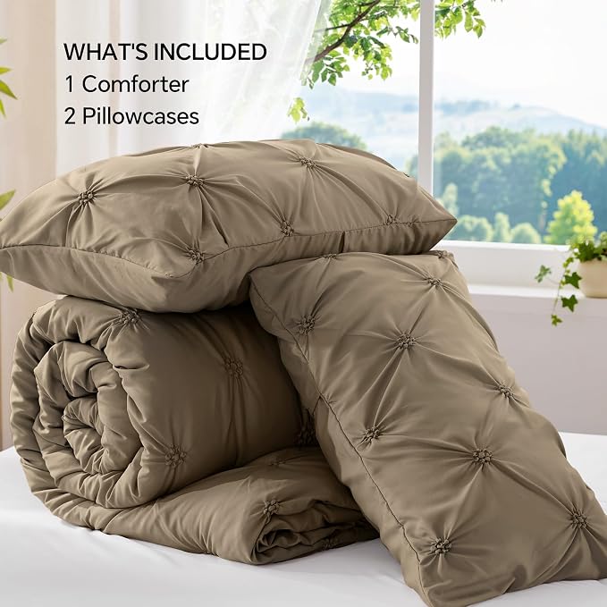 BEDELITE Queen Comforter Set Light Brown,Lightweight & Soft Comforter | Pintuck Boho Bedding, Warm & Cute Bed Set for All Season,With 2 Pillowcases