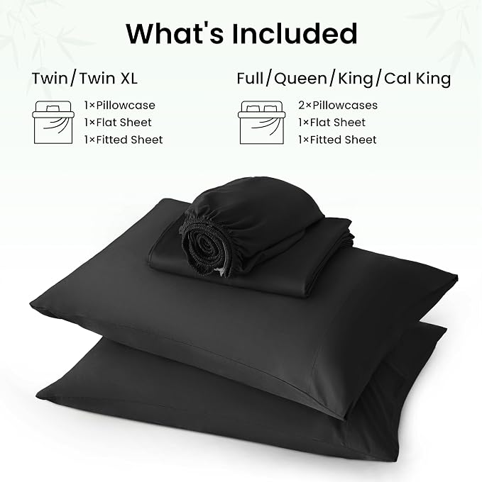 Love's cabin 4 Piece King Size Sheet Set, 100% Rayon Derived from Bamboo, Cooling & Breathable, Soft Silky Deep Pocket up to 16", Hotel Luxury Bedding for Hot Sleepers, Black