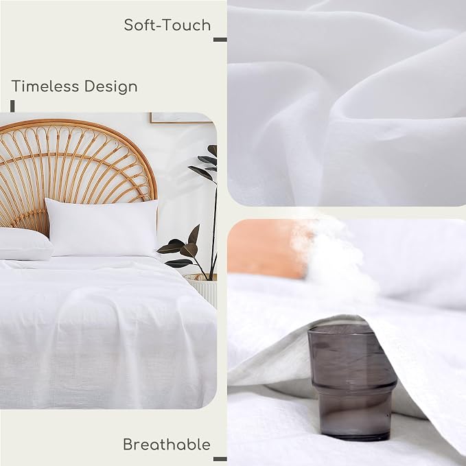 100% Linen Sheets Set Queen Size, Natural Pure Flax 4 Piece Bed Sets, 16" Deep Pocket, Breathable Cooling Bed Soft Durable Bedding, Machine Washable (White,Queen)