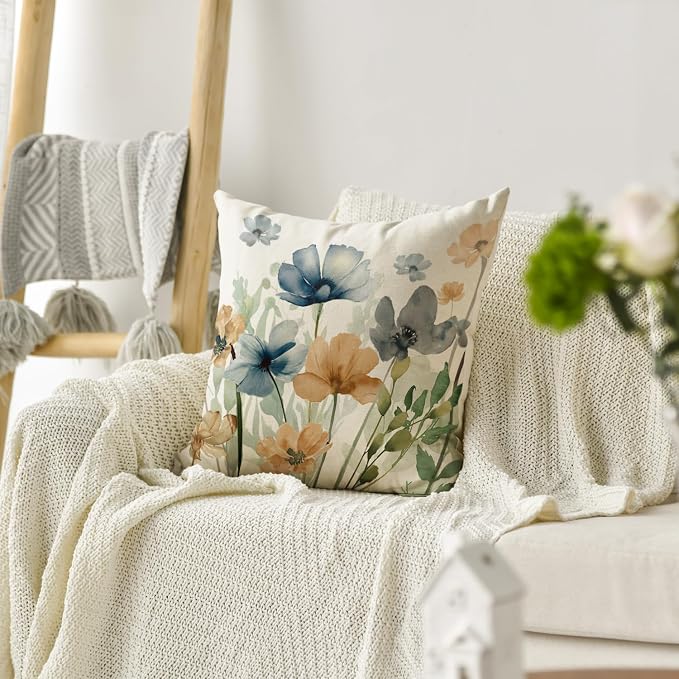 AVOIN colorlife Chinoiserie Poppy Flowers Throw Pillow Cover 18x18 Inch | Light Brown Blue Seasonal Leaves Cushion Case Decoration for Sofa Couch Farmhouse