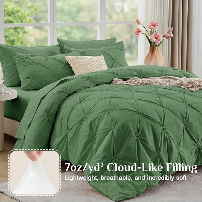 JOLLYVOGUE Full Size Comforter Sets 7 Pieces - Bed in a Bag Full for All Season, Pintuck Bedding Comforter Sets with Comforter, Flat Sheet, Fitted Sheet and Pillowcases & Shams, Green
